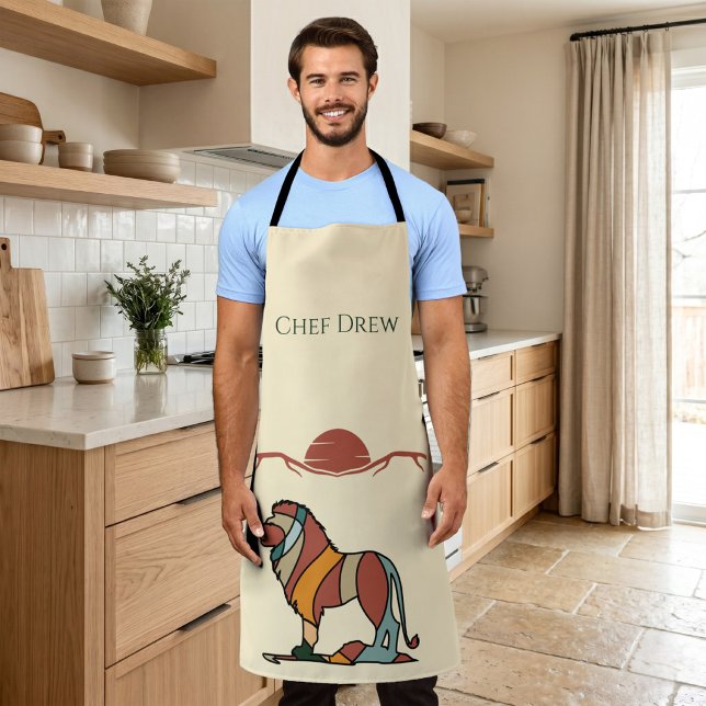 Personalised Lion Chef BBQ Apron (Custom Chef Name Lion Boho Mid Century BBQ Gift Apron)