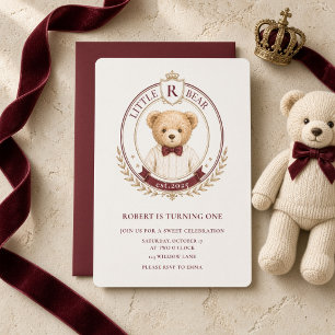 Personalised Little Bear Crest Burgundy  Invitation