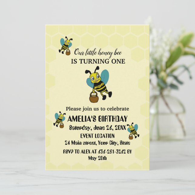Personalised little Bee theme 1st Birthday party Invitation (Standing Front)