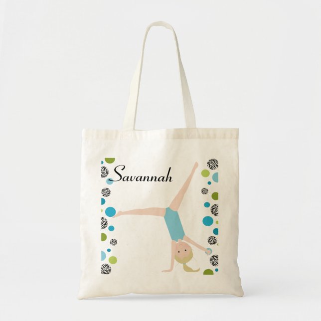 Personalised Little Blonde Gymnast in Aqua Tote Bag (Front)