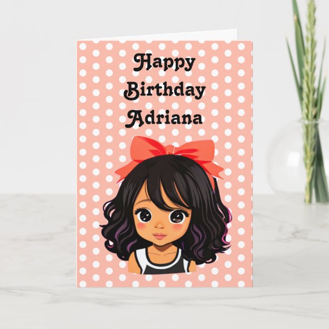 Personalised Little Cartoon Girl Coral Birthday Card (Front)
