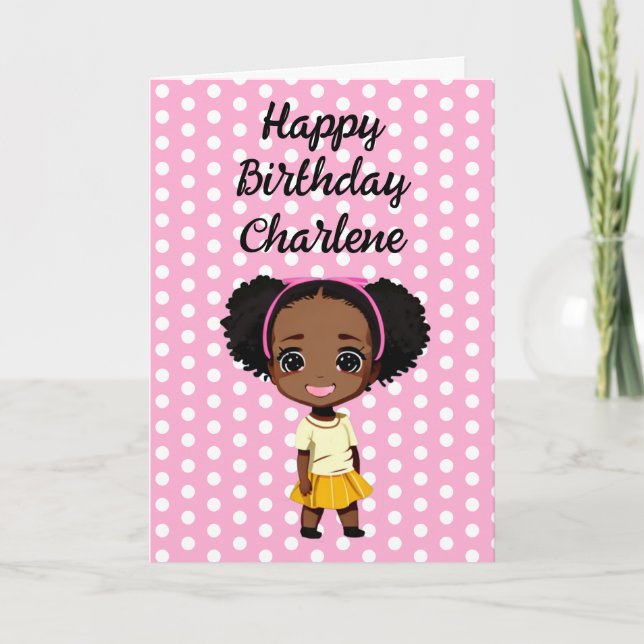 Personalised Little Cartoon Girl Pink Birthday Card (Front)