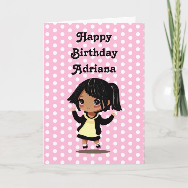 Personalised Little Cartoon Girl Pink Birthday Card (Front)