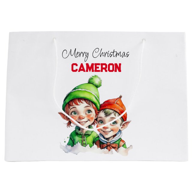 Personalised Little Elves Christmas Large Gift Bag (Front)