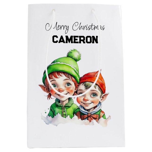 Personalised Little Elves Christmas Medium Gift Bag (Front)