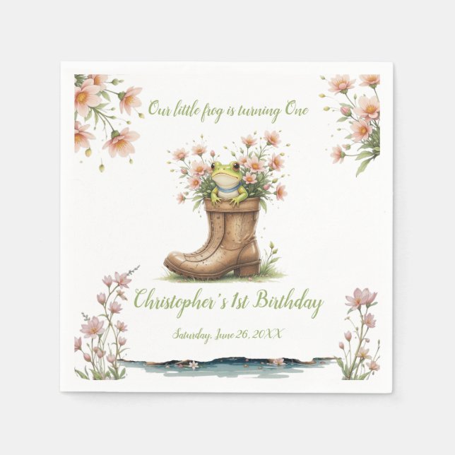Personalised little Froggie 1st birthday party Napkin (Front)