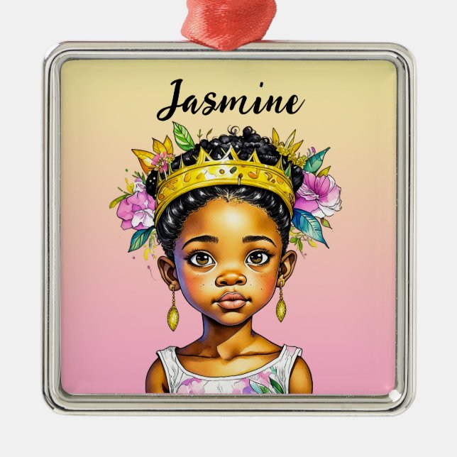 Personalised Little Girl Princess of Colour Metal Ornament (Front)
