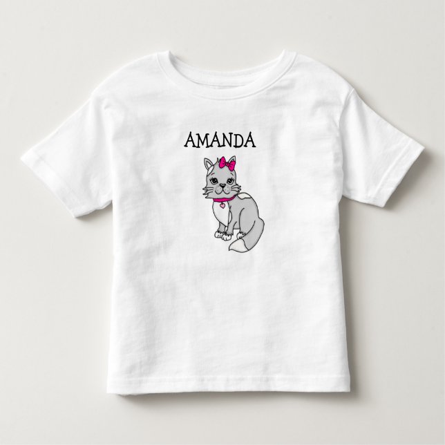Personalised Little Girl's Grey Kitten with Bow To Toddler T-Shirt (Front)