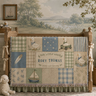 Personalised Little Goose Baby Boy Blue Gingham Throw Blanket