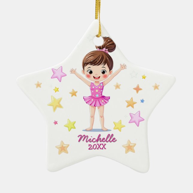 Personalised Little Gymnast Girl Christmas Pink Ceramic Ornament (Back)