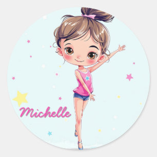 Personalised Little Gymnast Girl Christmas Pink Classic Round Sticker