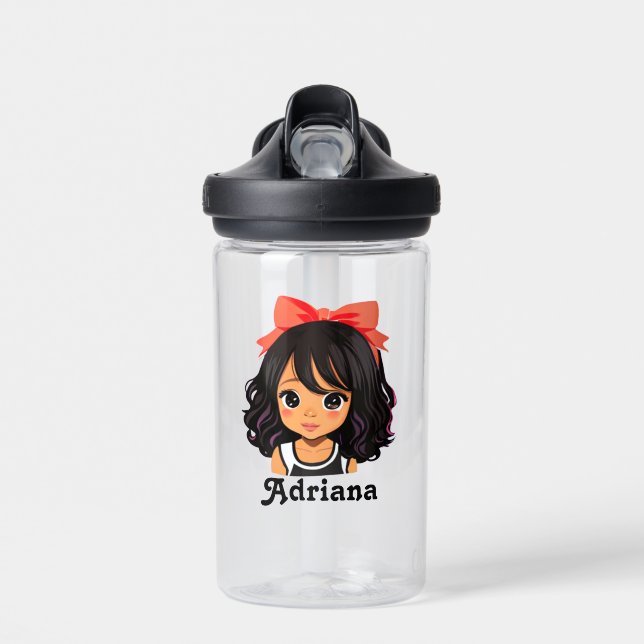 Personalised Little Hispanic Cartoon Girl Water Bottle (Front)