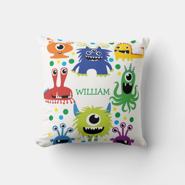 Personalised Little Monsters Cute Baby Boy Nursery Cushion (Front)