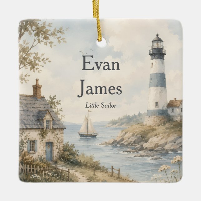 Personalised Little Sailor Lighthouse Ornament (Front)