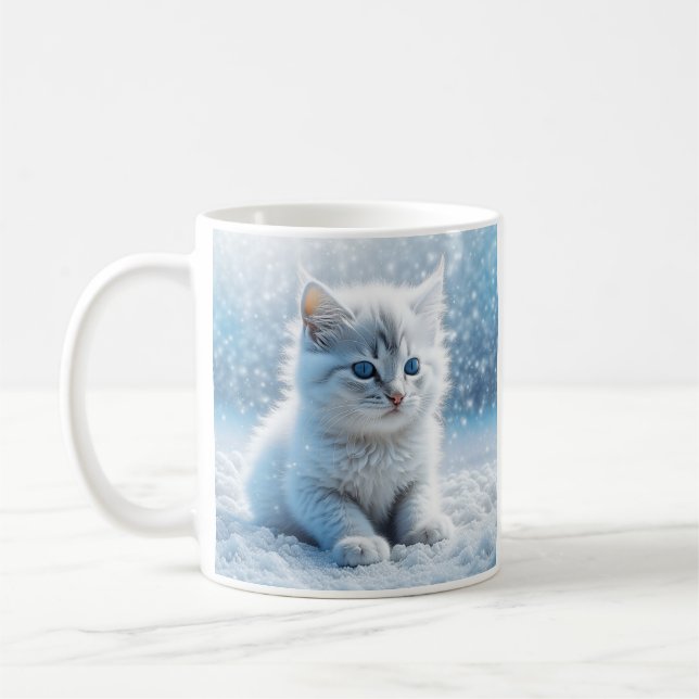 Personalised Little White Kitten in Snow Coffee Mug (Left)