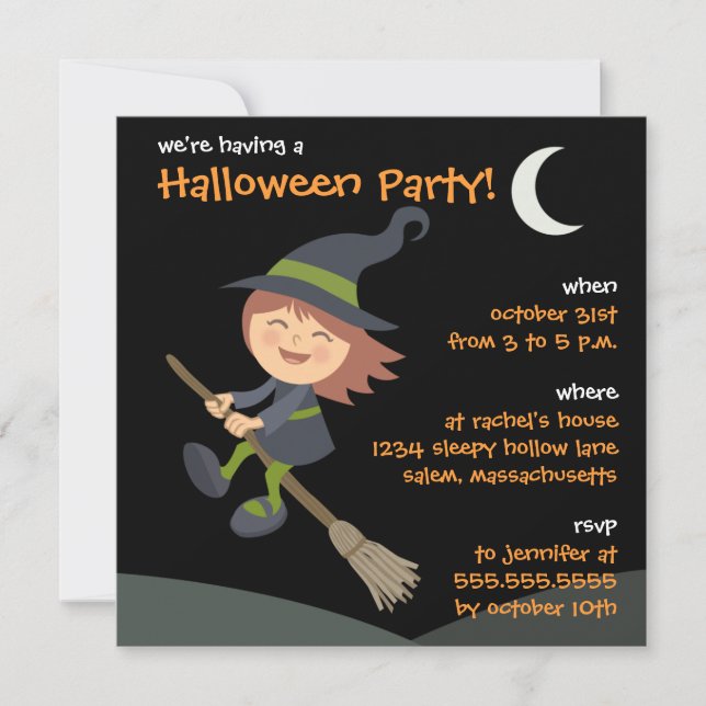 Personalised Little Witch Halloween Party Invites (Front)