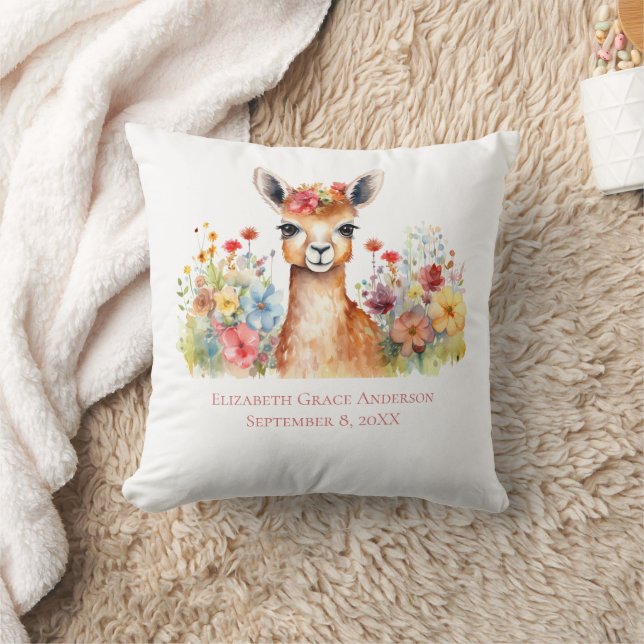 Personalised Llama Wildflowers Watercolor Baby Cushion (Blanket)
