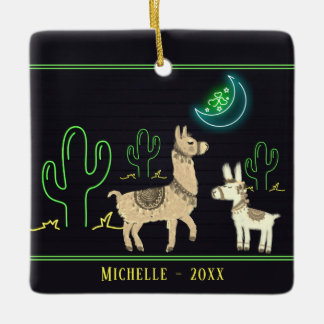 Personalised Llamas, Neon Moon and Cacti Christmas Ceramic Ornament