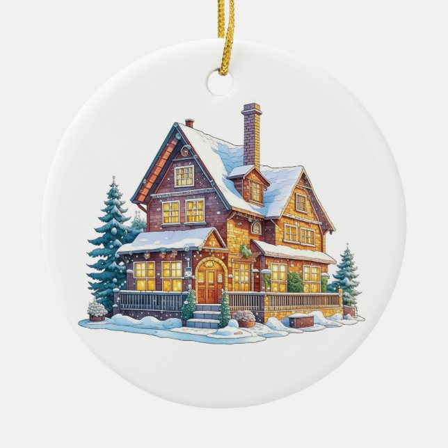 Personalised Log Cabin Christmas Ceramic Ornament (Front)