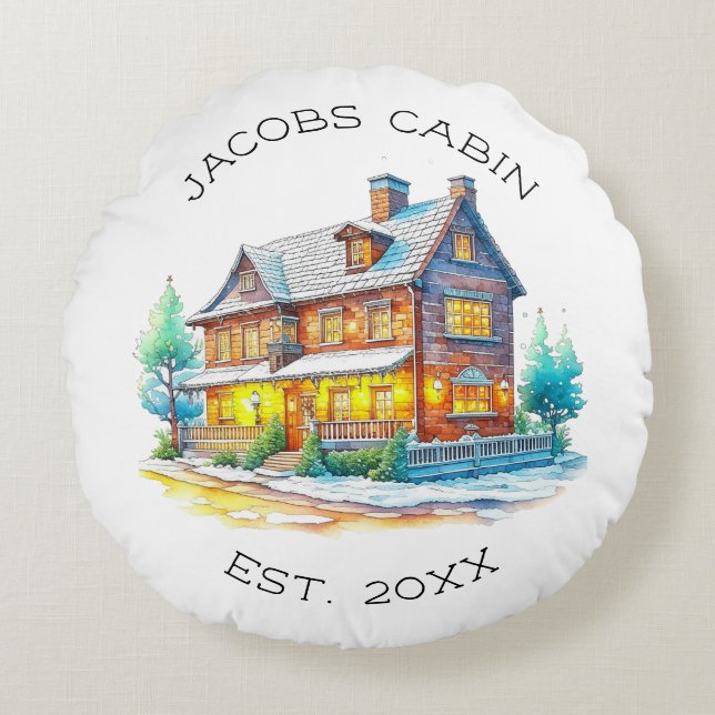 Personalised Log Cabin Christmas Round Cushion (Front)