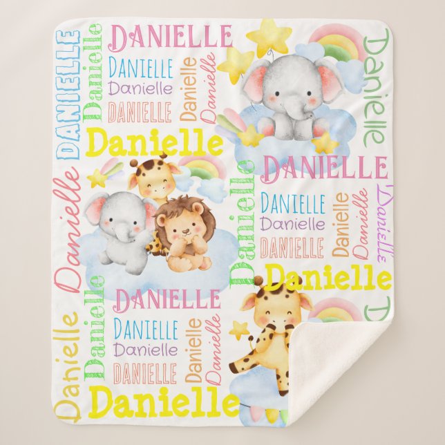 Personalised long girls name with baby animals sherpa blanket (Front)
