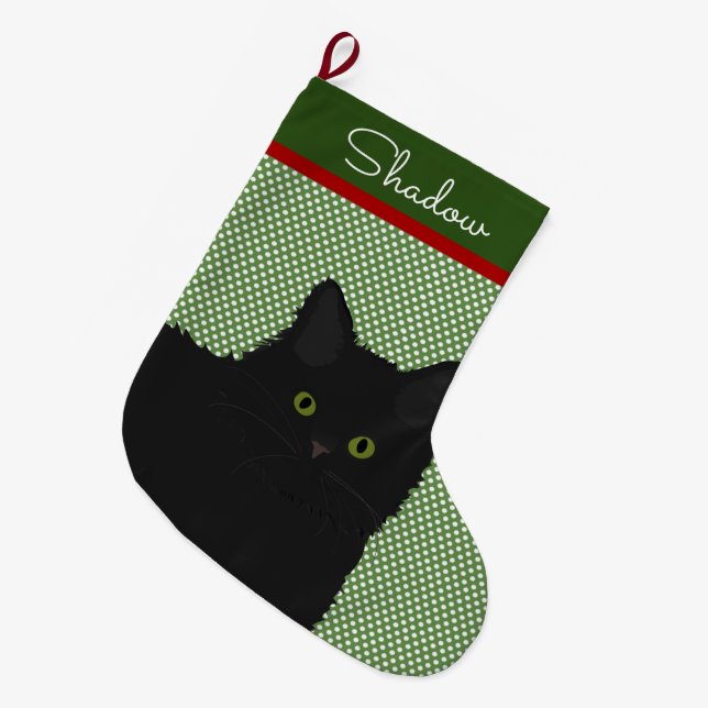 Personalised Long Hair Black Cat Large Christmas Stocking (Front (Hanging))