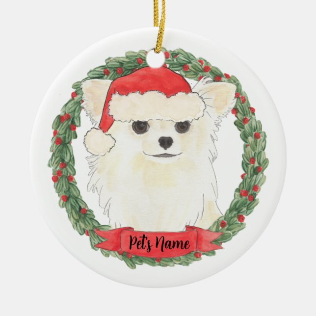 Personalised Long Haired White Cream Chihuahua  Ceramic Ornament (Front)