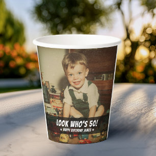Personalised Look Whos 50 Retro Milestone Birthday Paper Cups