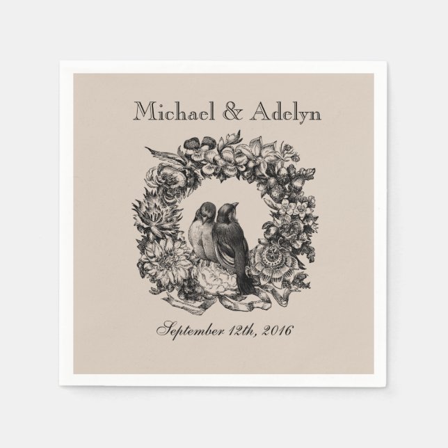 Personalised Love Birds Wreath Wedding Napkins (Front)