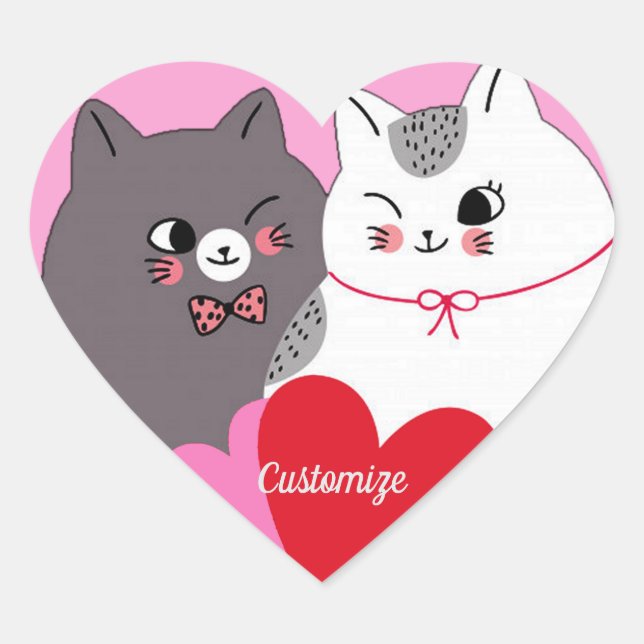Personalised Love Cats Pink Heart Sticker (Front)
