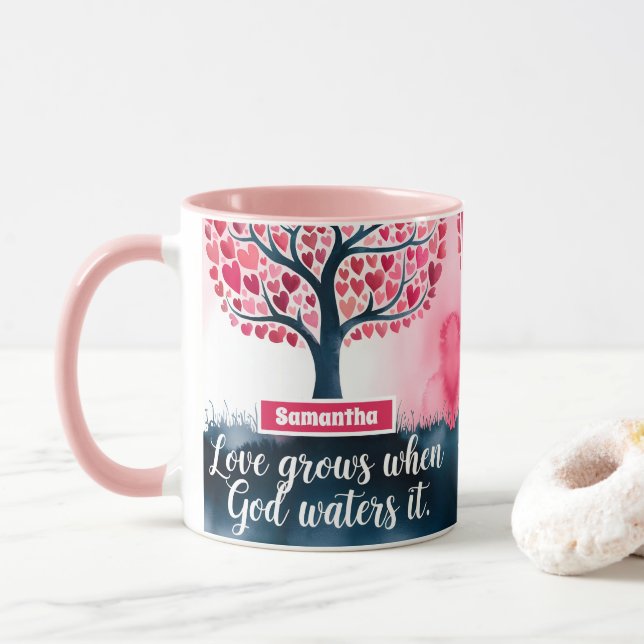 Personalised Love Grows When God Waters Christian Mug (With Donut)