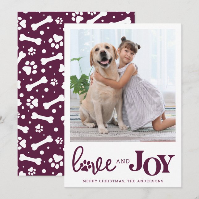 Personalised LOVE & JOY Modern Plum Dog Pet Photo  Holiday Card (Front/Back)