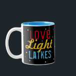 Personalised Love Light Latkes Hanukkah Funny Two-Tone Coffee Mug<br><div class="desc">Love Light Latkes Black Hanukkah Funny Quote Two-tone mug will brighten up your family Hanukkah Party! Why not make one for each guest- and use them as place cards? This colourful, humourous saying really stands out on the black starry night background. Sure to make friends & Family smile. Includes space...</div>