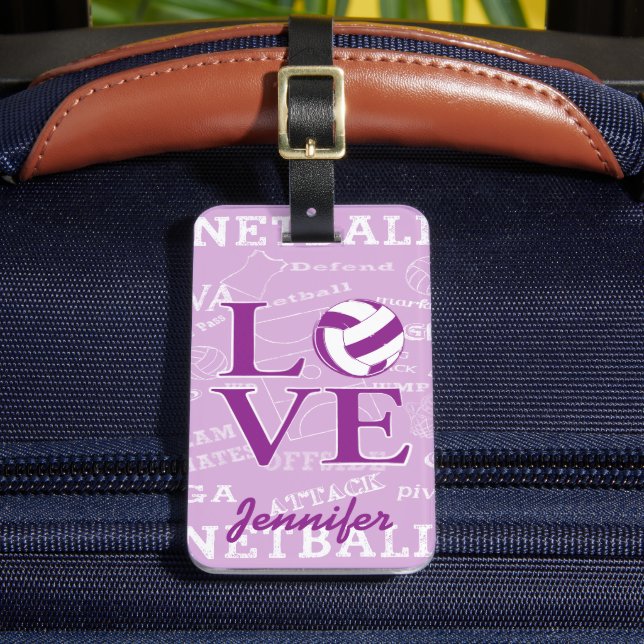 Personalised love netball design luggage tag (Front Insitu 2)