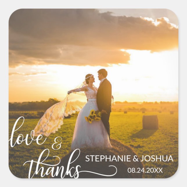 Personalised LOVE & THANKS White Script | PHOTO Square Sticker (Front)