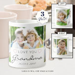 Personalised LOVE YOU GRANDMA Handwritten 3 Photo Coffee Mug<br><div class="desc">Create a keepsake photo mug for a grandmother featuring 3 pictures and titled LOVE YOU GRANDMA in modern handwritten script accented with hearts with her grandchildren's names or your custom message in your choice of colours (shown with grey text and pink hearts on a white background). All text and colours...</div>