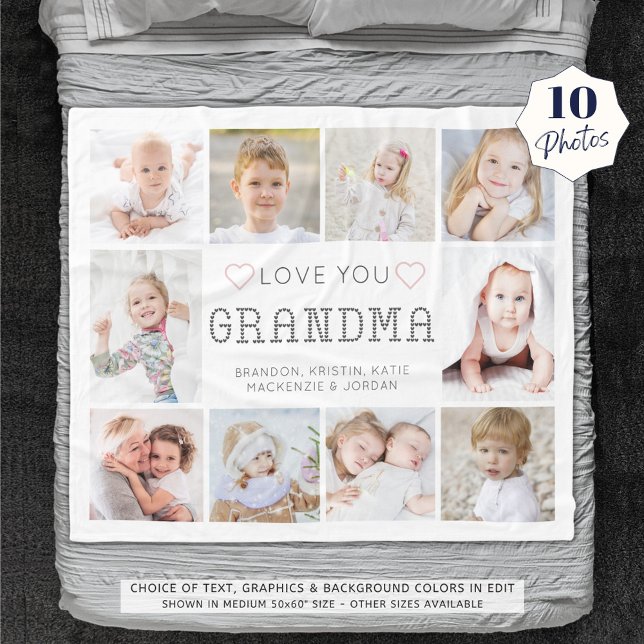 Personalised Love You Grandma Hearts 10 Photo Fleece Blanket (Creator Uploaded)