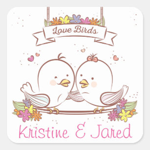Personalised Lovebirds Pink And Brown Wedding Love Square Sticker