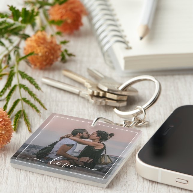 Personalised Lovers Couple Picture Love Text Key Ring (Front Right)