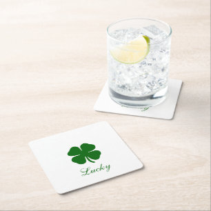 Personalised Lucky Green Clover Square Paper Coaster