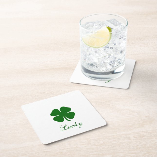 Personalised Lucky Green Clover Square Paper Coaster (Insitu)