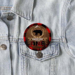 Personalised Lumberjack First Birthday Wood Plaid 7.5 Cm Round Badge