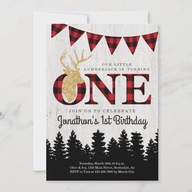 Personalised Lumberjack Theme Boys First Birthday Invitation (Front)