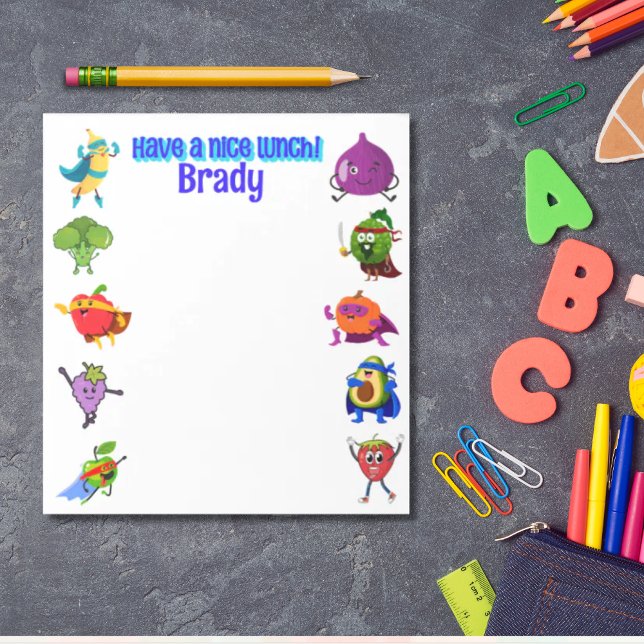 Personalised Lunchbox love name food superhero Notepad (Personalized back to school lunchbox love note  )