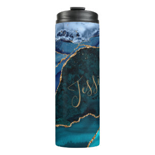 Personalised Lux Peacock Agate & Gold   Thermal Tumbler