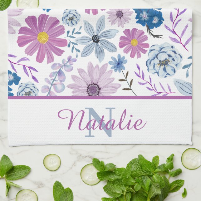 Personalised luxurious bright blue pink flower tea towel (Folded)
