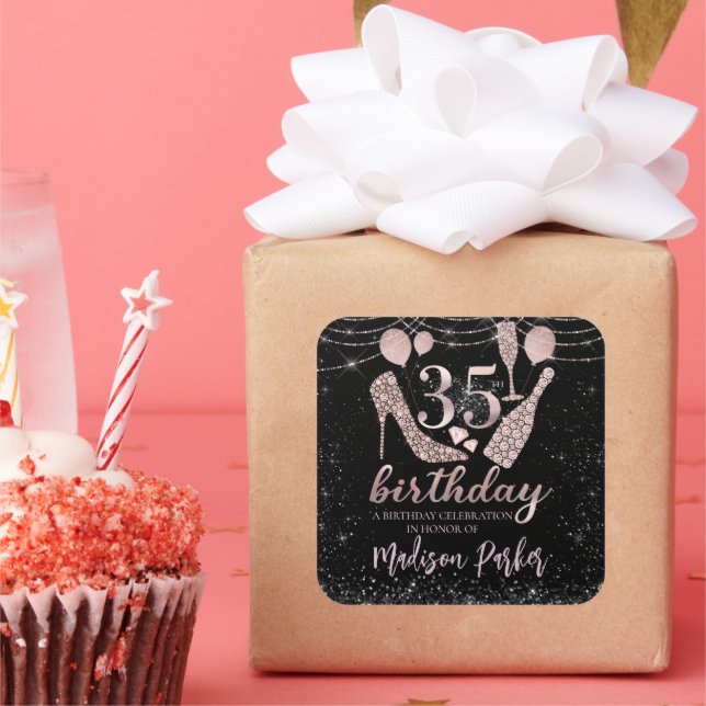 Personalised Luxury 35th Birthday Glitter Square Sticker (Party)