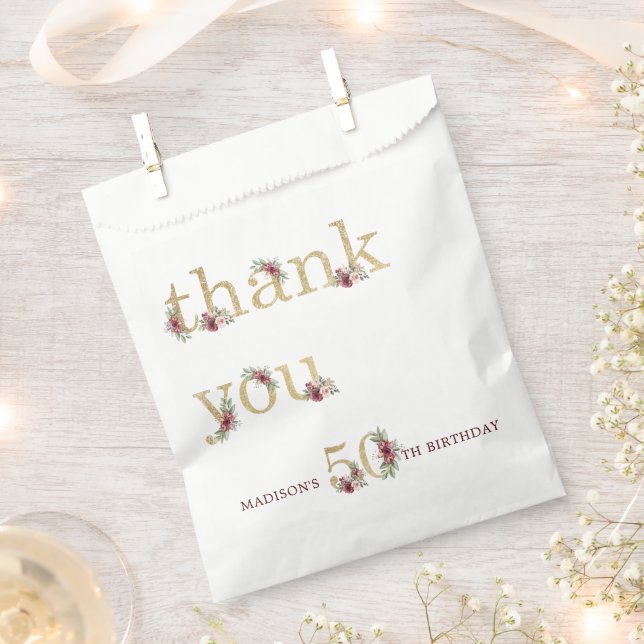 Personalised Luxury 50th Birthday Gold Floral Favour Bag (Clipped)