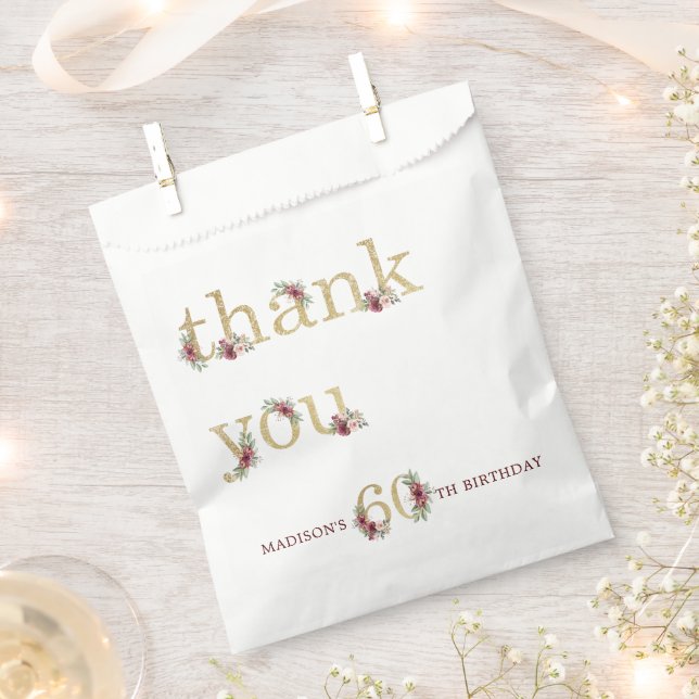 Personalised Luxury 60th Birthday Gold Floral Favour Bag (Clipped)