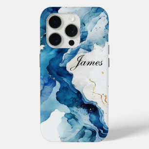 Personalised Luxury Blue,white & Gold Watercolor  iPhone 15 Pro Case